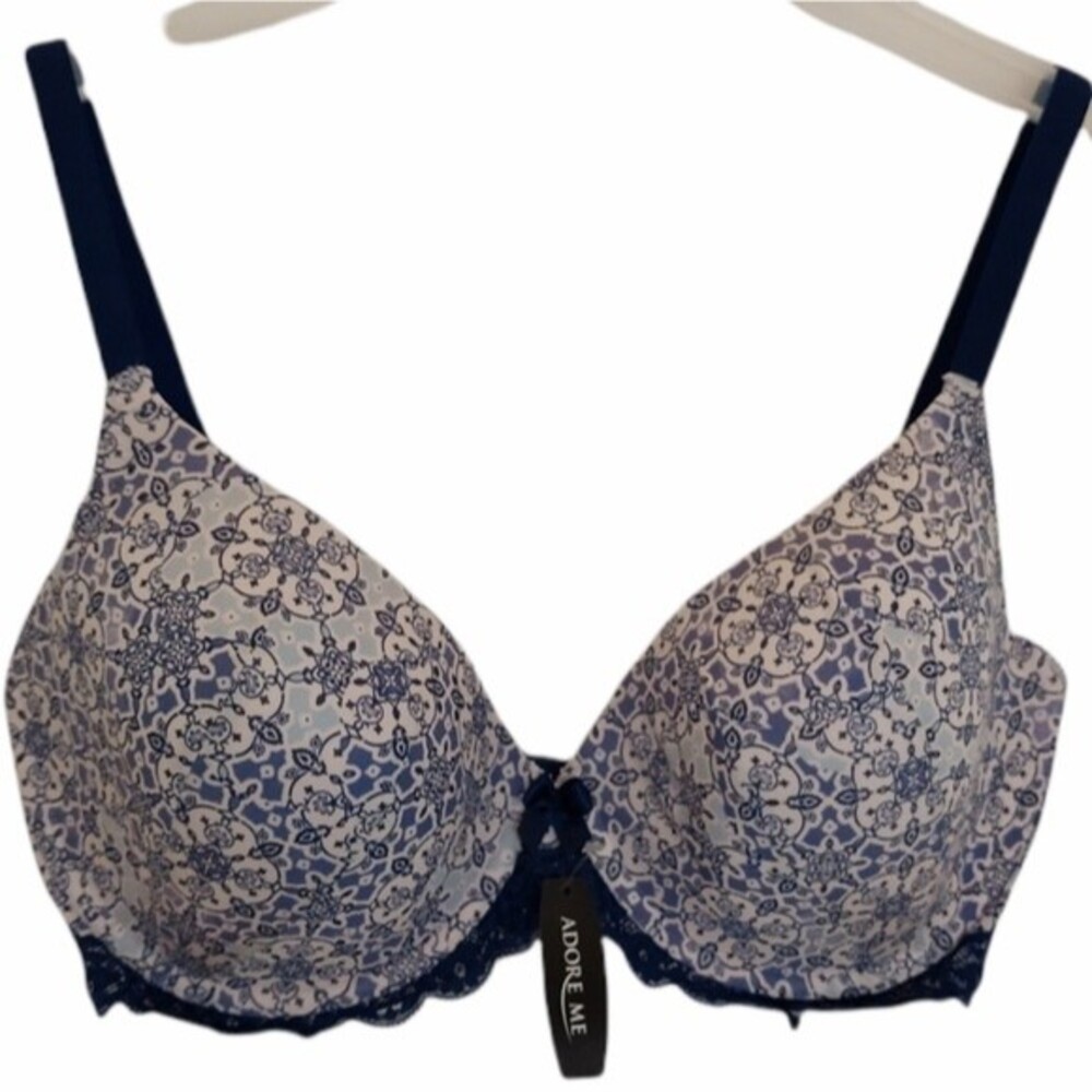 Adore Me 32DDD 32F White Blue Demi Cup Bra Medallion Print NEW